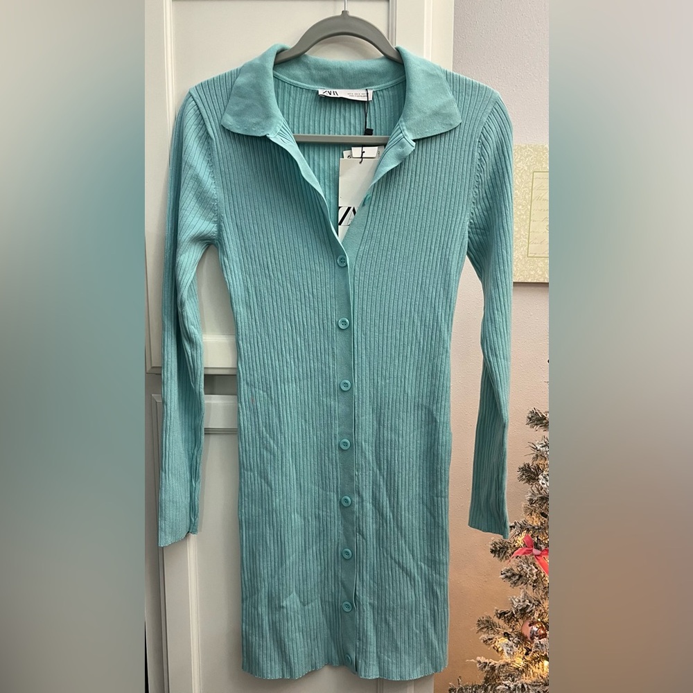 Zara Teal Ribbed Mini Dress